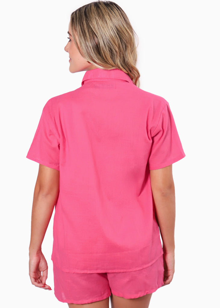 Blusa de botones manga corta color fucsia, rosado para mujer - Flashy