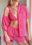 Blusa de botones manga corta color fucsia, rosado para mujer - Flashy