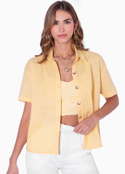 Blusa de botones manga corta color amarillo para mujer - Flashy