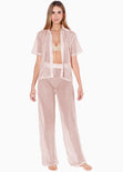 Blusa de botones manga corta y de malla color beige para mujer - Flashy