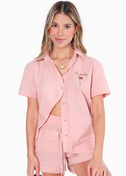 Blusa de botones tipo lino manga corta color rosado para mujer - Flashy
