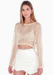 Blusa de malla manga larga con efecto brillo color beige para mujer - Flashy