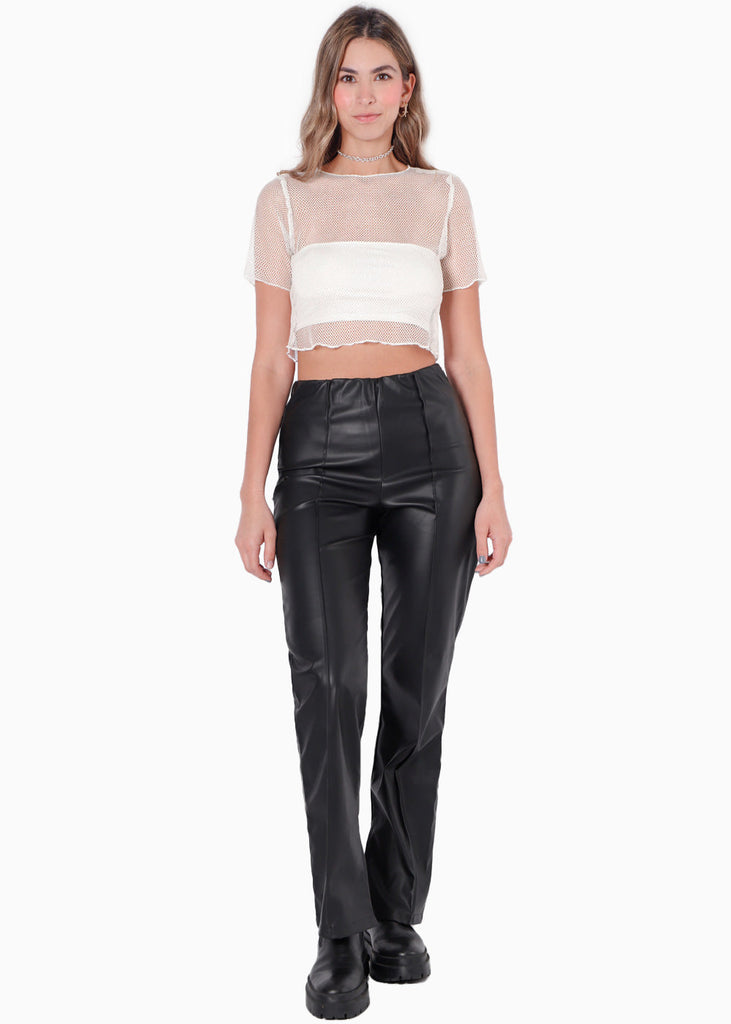 Blusa de malla con top bandeau interno color blanco, marfil para mujer - Flashy