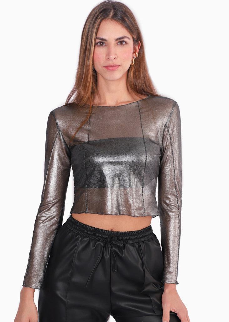 Blusa de malla manga larga con top bandeau interno color negro para mujer - Flashy