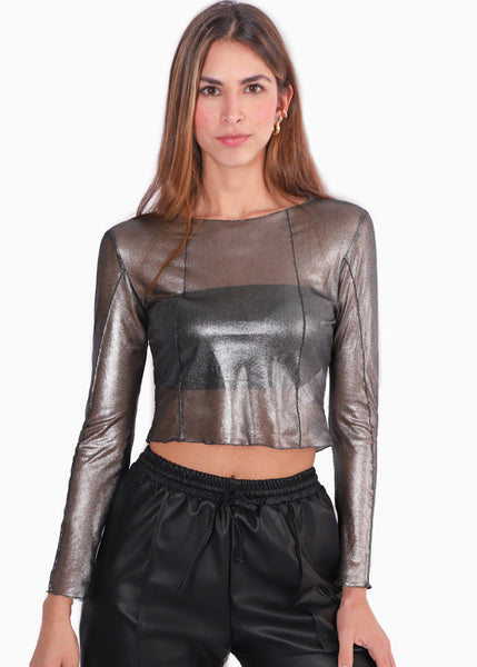 Blusa de malla manga larga con top bandeau interno color negro para mujer - Flashy