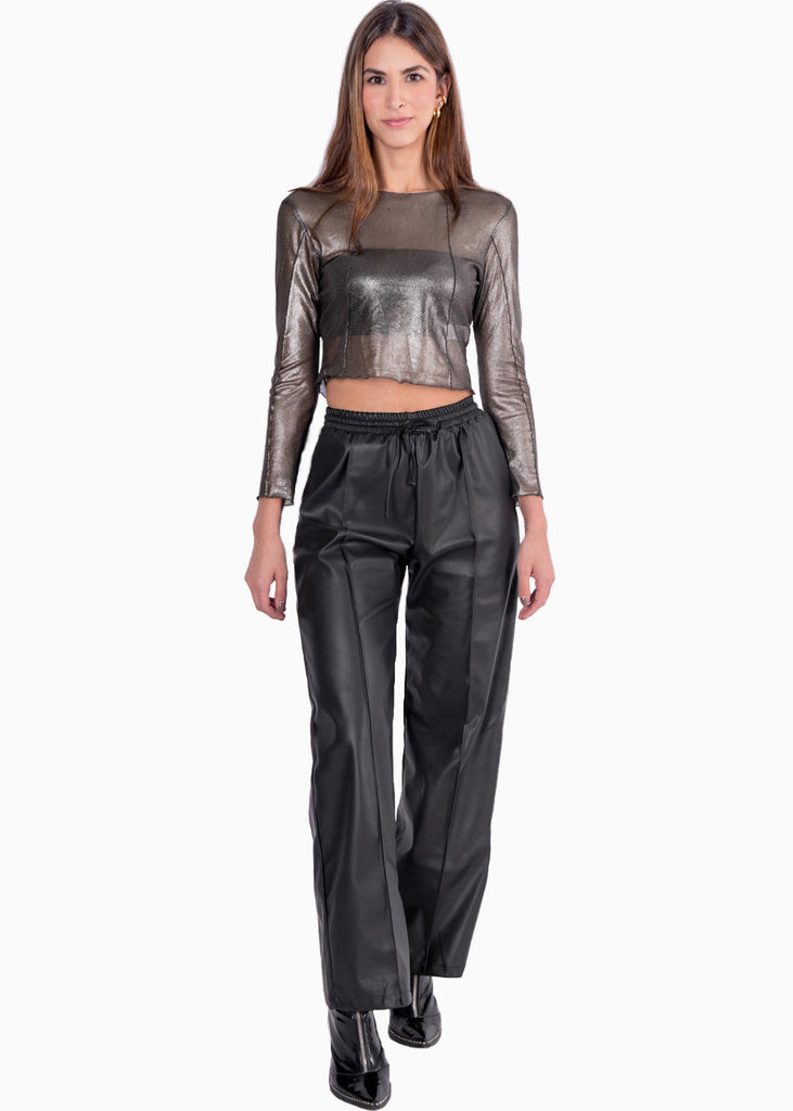 Blusa de malla manga larga con top bandeau interno color negro para mujer - Flashy