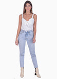 Blusa de tiras con ruche y escote anudado color blanco para mujer - Flashy