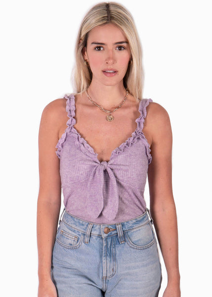 Blusa de tiras con ruche y escote anudado color lila, morado para mujer - Flashy