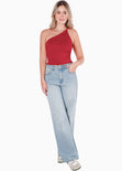 Blusa de un solo hombro con espalda descubierta y anudado color rojo para mujer - Flashy