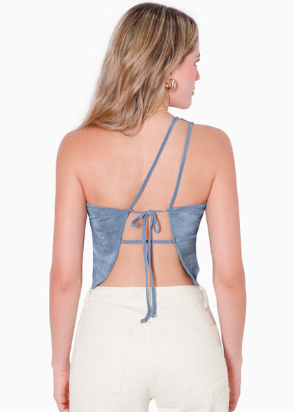 Blusa de un solo hombro con ruedo asimétrico color azul para mujer - Flashy