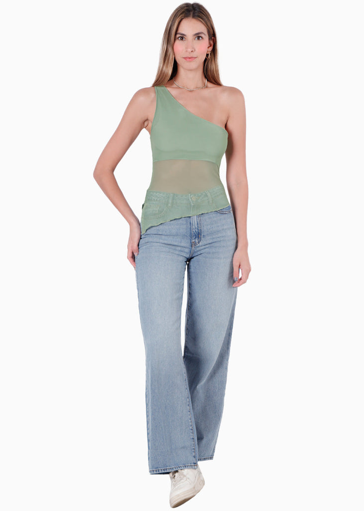 Blusa de un solo hombro y de malla para mujer - Flashy