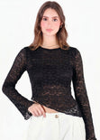 Blusa en encaje con manga campana y ruedo asimetrico - SEGOVIA.NEGRO