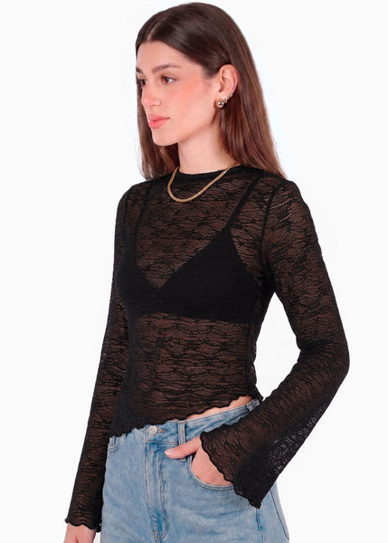 Blusa en encaje con manga campana y ruedo asimetrico - GALAPAGOS.NEGRO