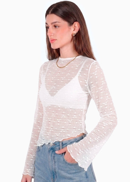 Blusa en encaje con manga campana y ruedo asimetrico - GALAPAGOS