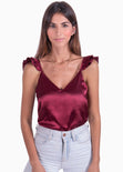 Blusa en tela satinada con boleros en tiras color vino para mujer - Flashy