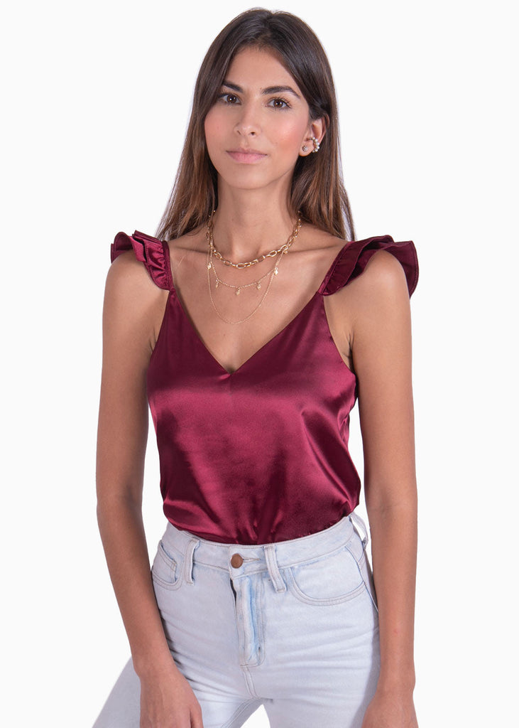 Blusa en tela satinada con boleros en tiras color vino para mujer - Flashy