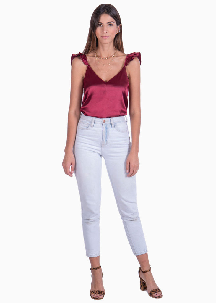 Blusa en tela satinada con boleros en tiras color vino para mujer - Flashy