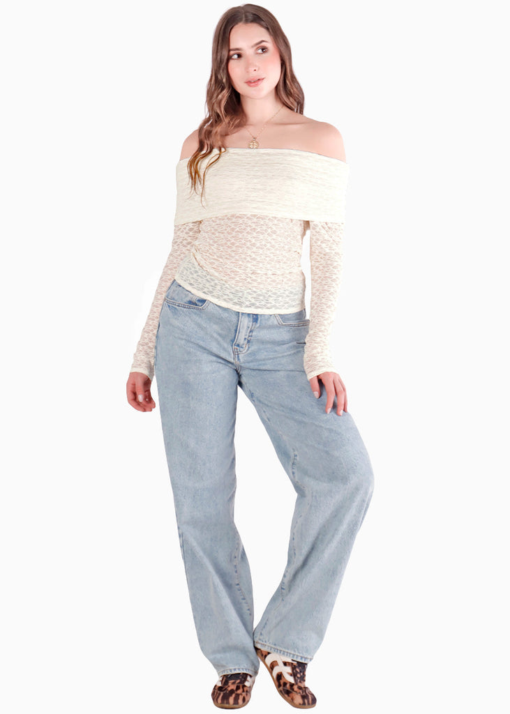 Blusa encaje off shoulder con recogidos en fajón - MANZANA