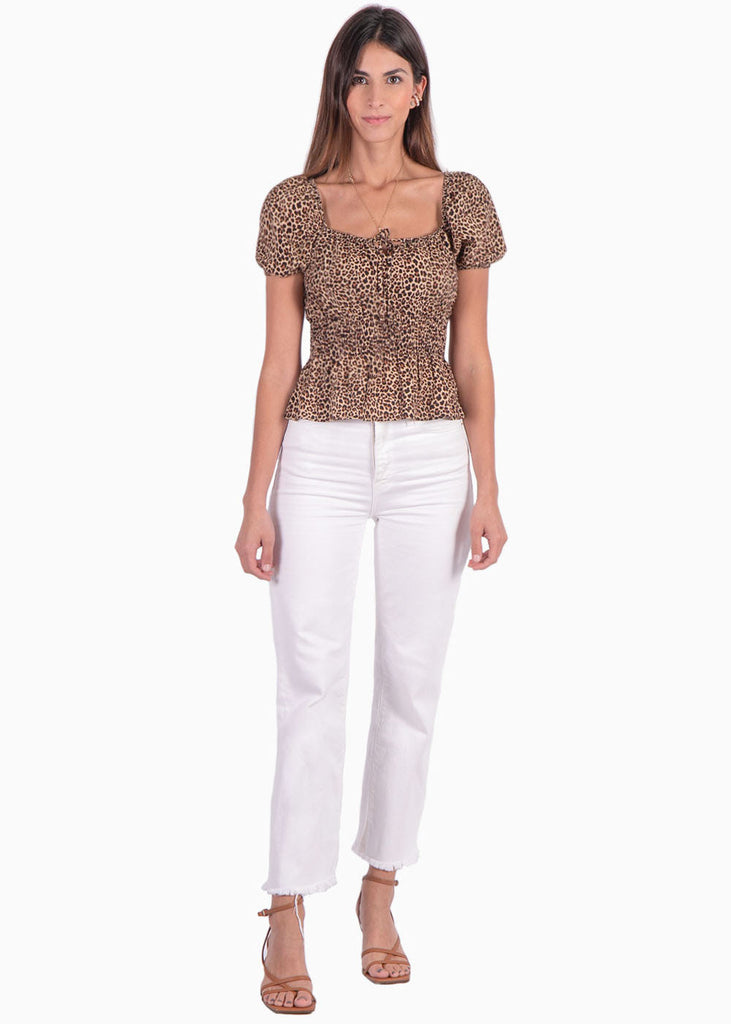 Blusa estampada de animal print con mangas abullonadas color café para mujer - Flashy