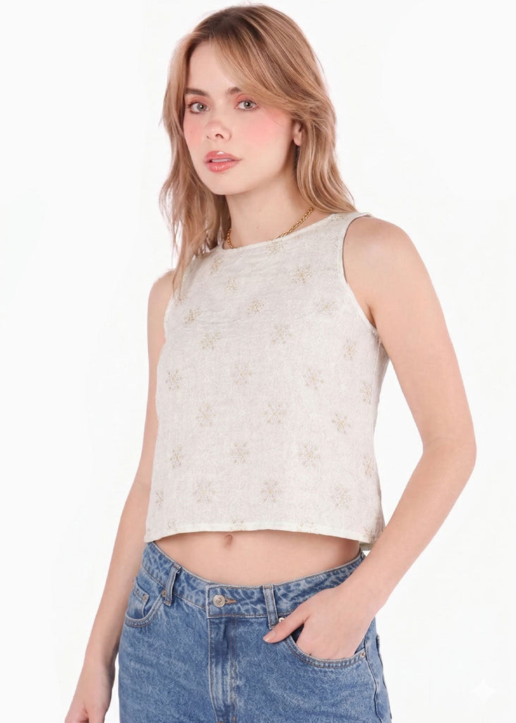 Blusa halter tejida flores con anudado en espalda - GALICIA.MARFIL