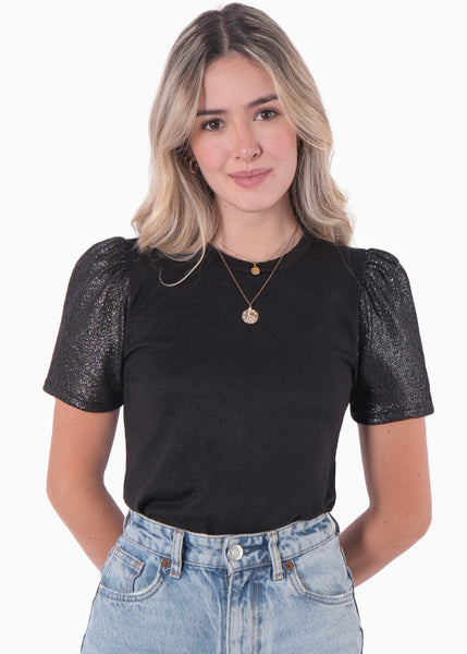 Blusa manga corta con brillo en mangas color negro para mujer - Flashy