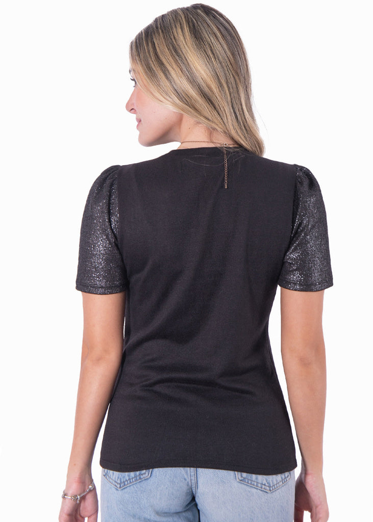 Blusa manga corta con brillo en mangas color negro para mujer - Flashy