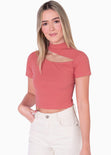 Blusa manga corta con cut out en escote color coral para mujer - Flashy