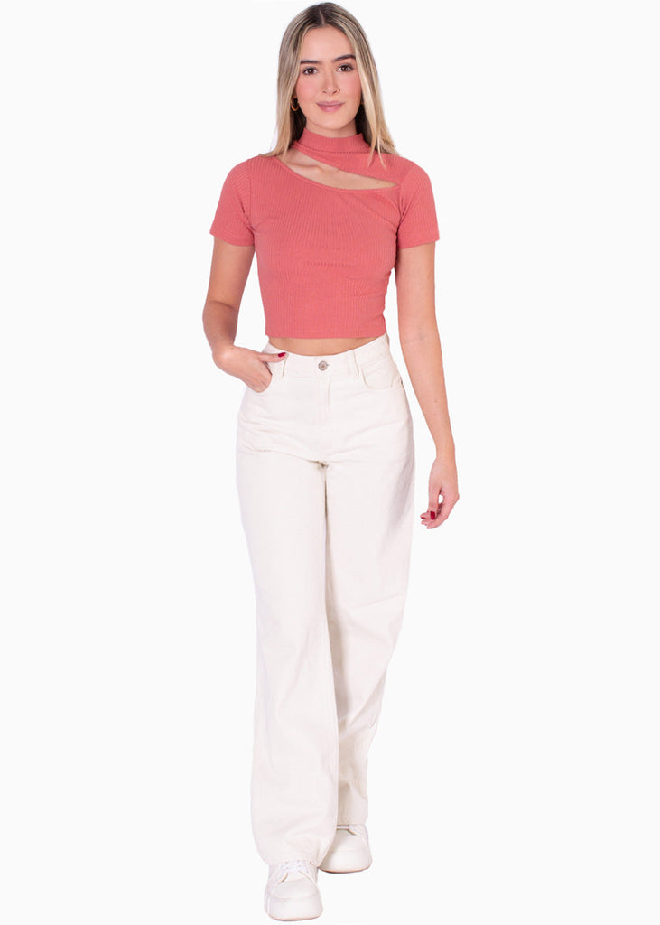 Blusa manga corta con cut out en escote color coral para mujer - Flashy