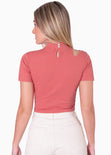 Blusa manga corta con cut out en escote color coral para mujer - Flashy