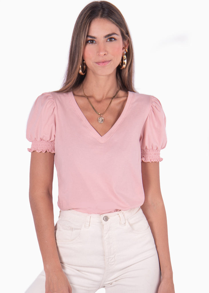 Camiseta manga corta con escote en v y mangas embombadas color rosado para mujer - Flashy