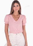 Camiseta manga corta con escote en v y mangas embombadas color rosado para mujer - Flashy