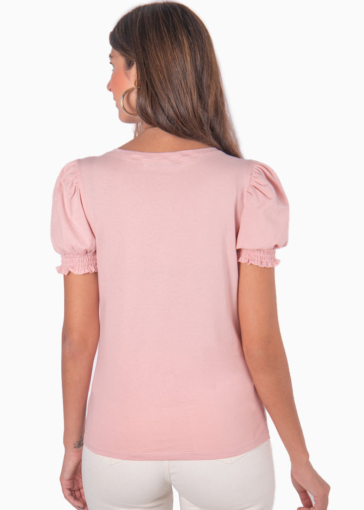 Camiseta manga corta con escote en v y mangas embombadas color rosado para mujer - Flashy