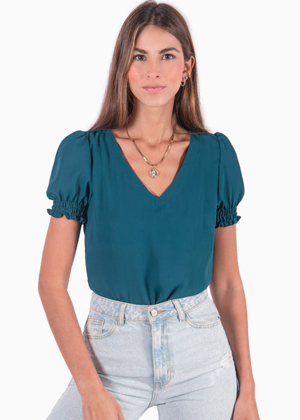 Blusa manga corta con escote en v y mangas embombadas color azul para mujer - Flashy