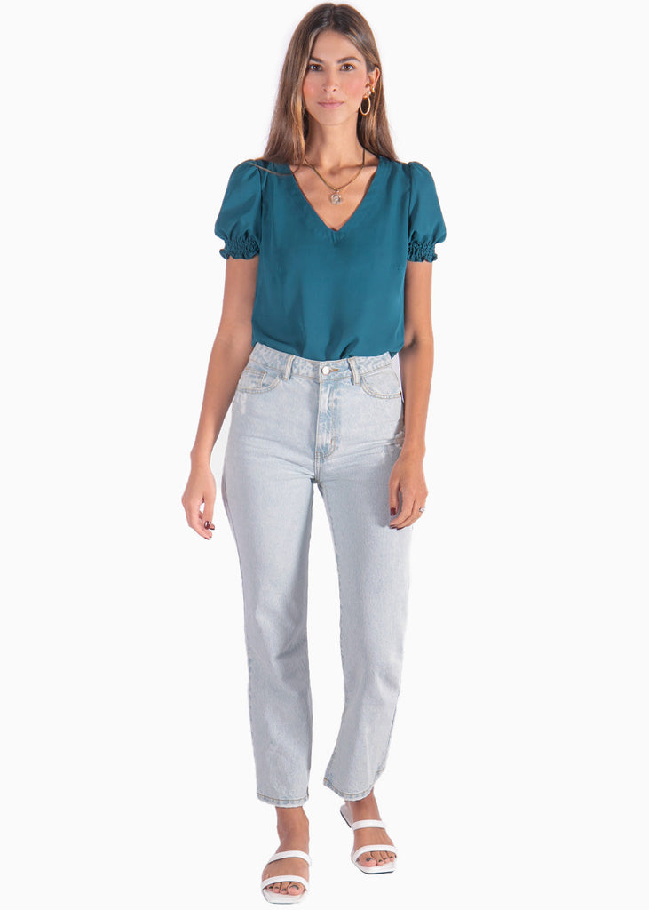 Blusa manga corta con escote en v y mangas embombadas color azul para mujer - Flashy