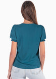 Blusa manga corta con escote en v y mangas embombadas color azul para mujer - Flashy