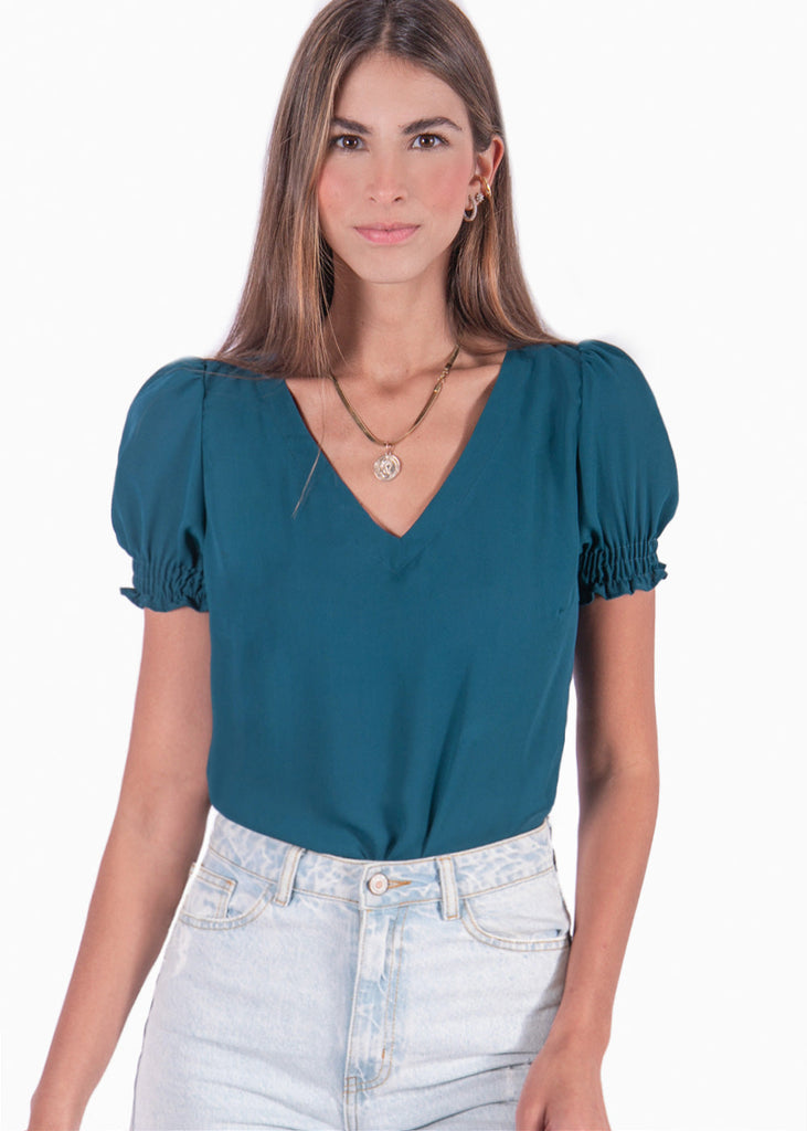Blusa manga corta con escote en v y mangas embombadas color azul para mujer - Flashy