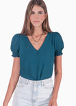 Blusa manga corta con escote en v y mangas embombadas color azul para mujer - Flashy