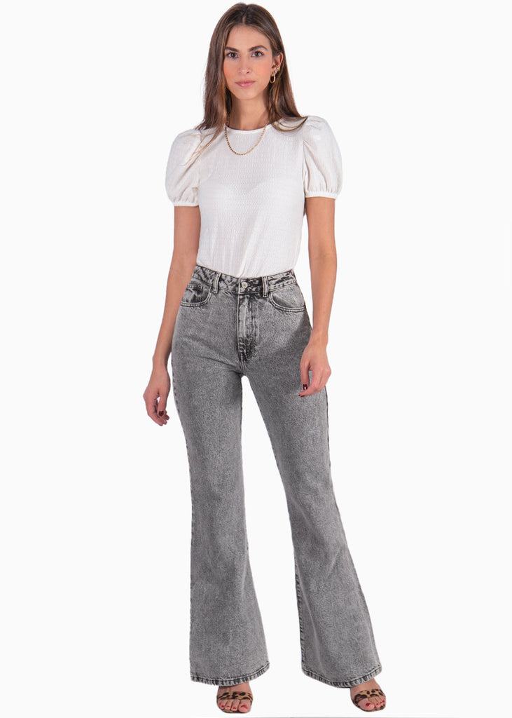 Blusa manga corta con mangas embombadas color blanco para mujer - Flashy