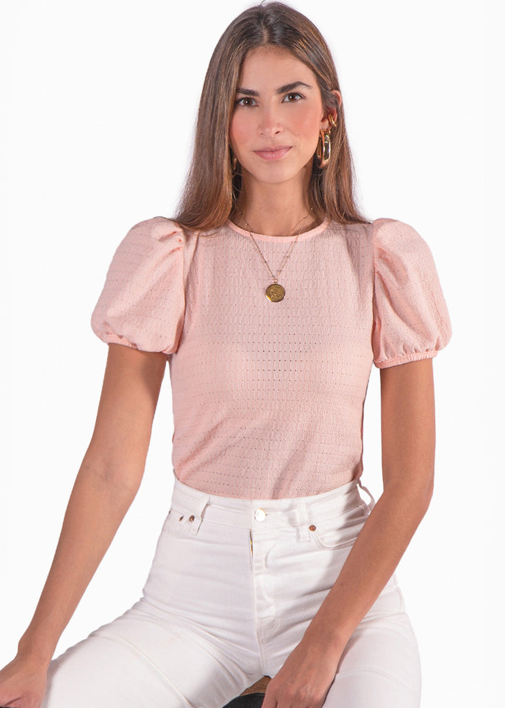 Blusa manga corta con mangas embombadas color rosado para mujer - Flashy
