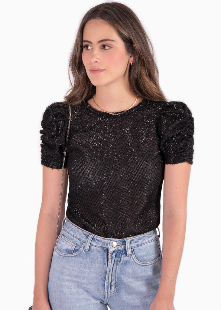 Blusa manga corta con mangas embombadas color negro para mujer - Flashy