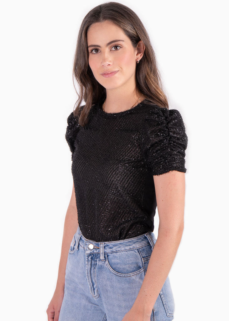 Blusa manga corta con mangas embombadas color negro para mujer - Flashy