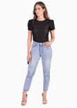 Blusa manga corta con mangas embombadas color negro para mujer - Flashy