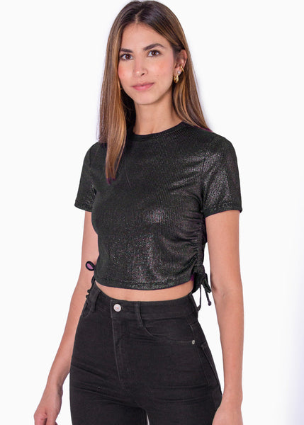 Blusa manga corta con recogido en costados color negro para mujer - Flashy