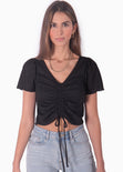 Blusa manga corta con recogido en escote color negro para mujer - Flashy