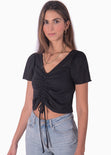 Blusa manga corta con recogido en escote color negro para mujer - Flashy