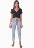 Blusa manga corta con recogido en escote color negro para mujer - Flashy