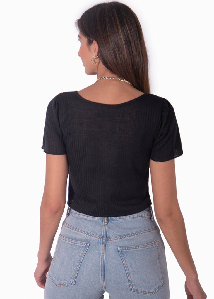 Blusa manga corta con recogido en escote color negro para mujer - Flashy