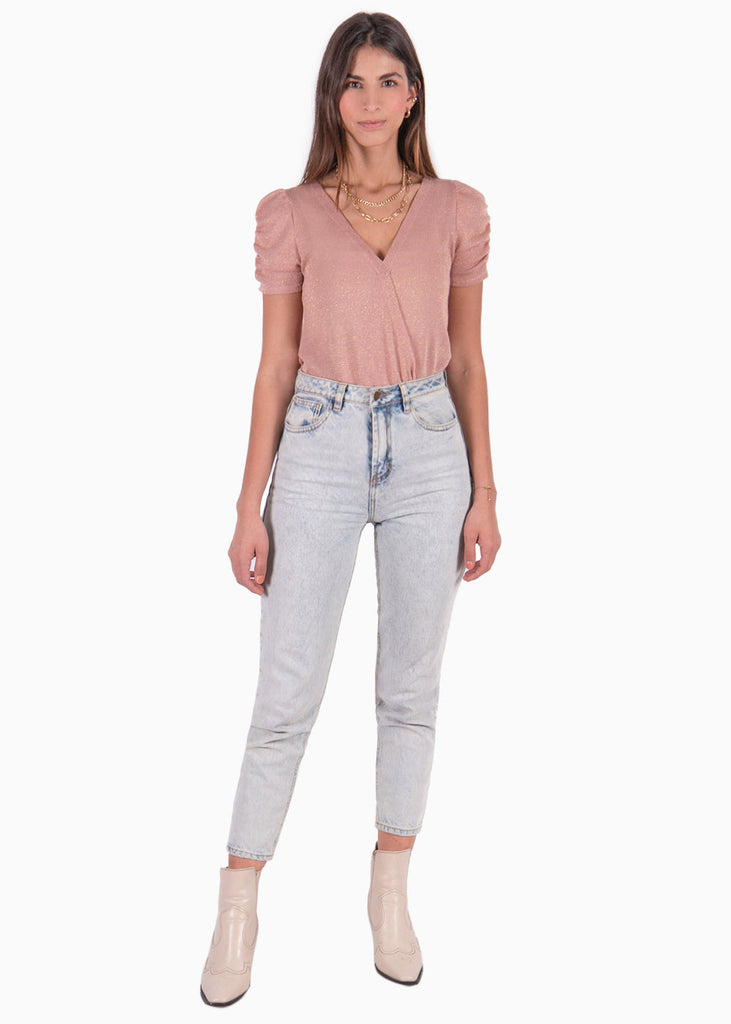 Blusa manga corta con recogido y escote en v color rosado para mujer - Flashy