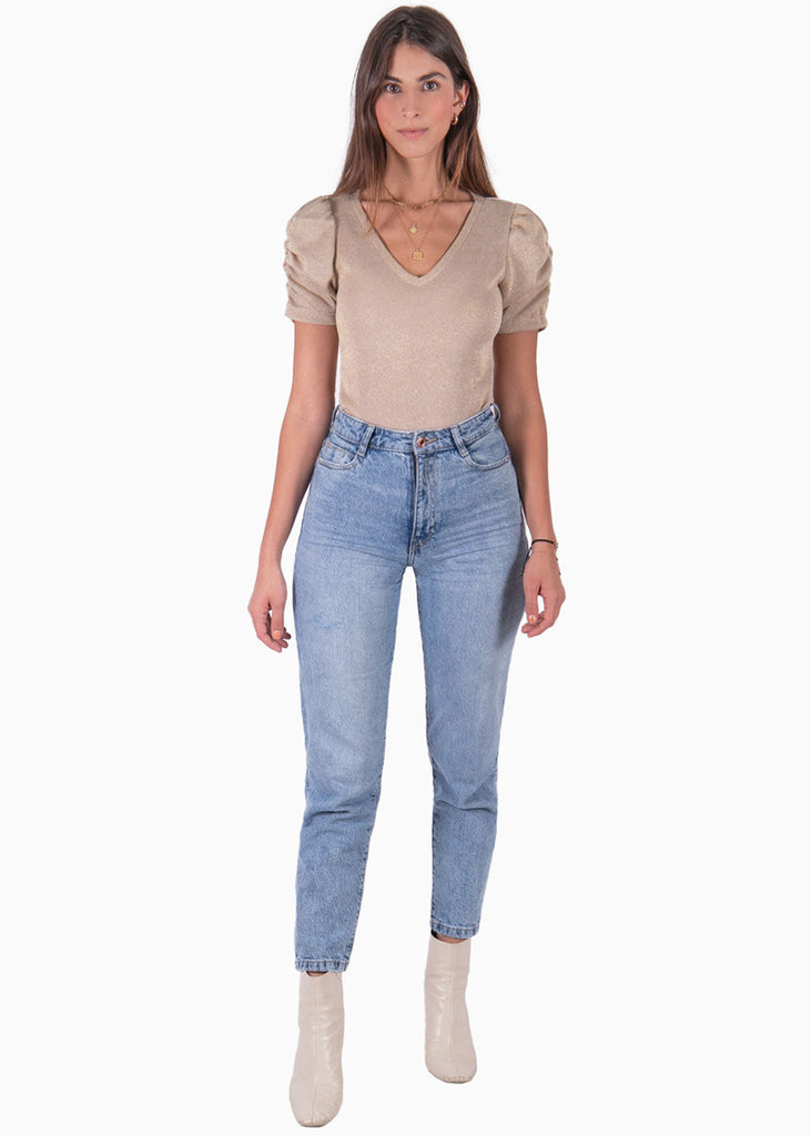 Blusa manga corta con recogido y escote en v para mujer - Flashy