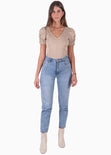 Blusa manga corta con recogido y escote en v para mujer - Flashy